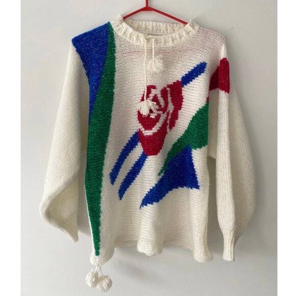Vintage Sweaters - 80s vintage colorful sparkly floral abstract print knit sweater with pom poms
